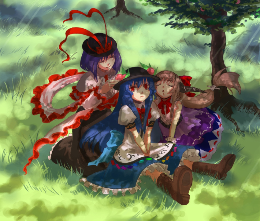 blue_hair, brown_hair, food, fruit, hat, hinanawi_tenshi, horns, ibuki_suika