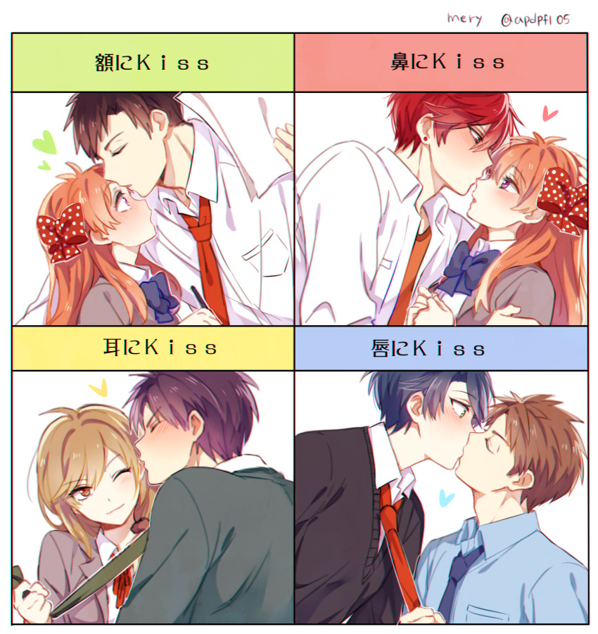 3girls, 4boys, apfl0515, black_hair, blush, bow, brown_hair, chart