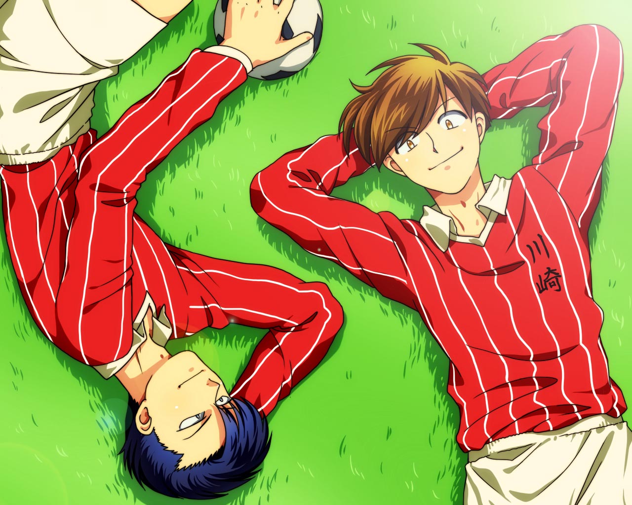 2boys, ball, blue_hair, brown_hair, multiple_boys, nohko, offside_(manga), satou_shingo