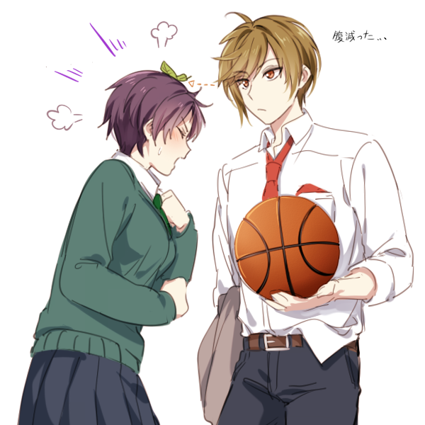 1boy, 1girl, apfl0515, basketball, brown_hair, gekkan_shoujo_nozaki-kun, genderswap, leaf