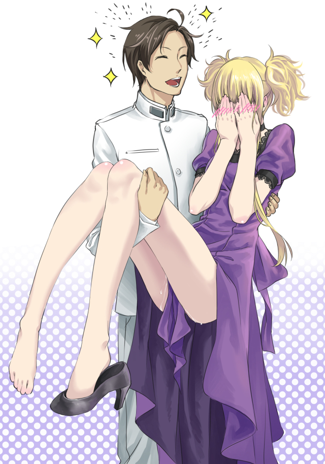 1boy, 1girl, aoki_hagane_no_arpeggio, arpeggio_of_blue_steel, blonde_hair, blush, carrying, closed_eyes