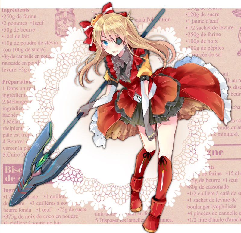 1girl, alternate_costume, bent_over, black_gloves, blue_eyes, bow, eyepatch, frills, gloves, hair_bow, lace_gloves, lance_of_cassius, light_brown_hair, lolita_fashion, neon_genesis_evangelion, open_mouth, puffy_short_sleeves, puffy_sleeves, rebuild_of_evangelion, revision, shikinami_asuka_langley, shirt, short_sleeves, skirt, skirt_set, solo, souryuu_asuka_langley, tanuma_(tyny), vest, wavy_mouth