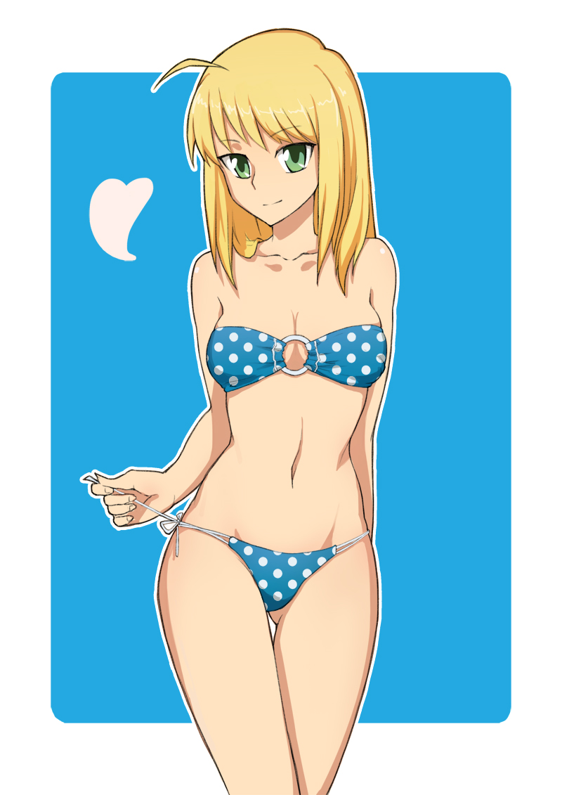 ahoge, ar, blonde_hair, fate/hollow_ataraxia, fate/stay_night, fate/zero, fate_(series), green_eyes, saber, smile, swimsuit