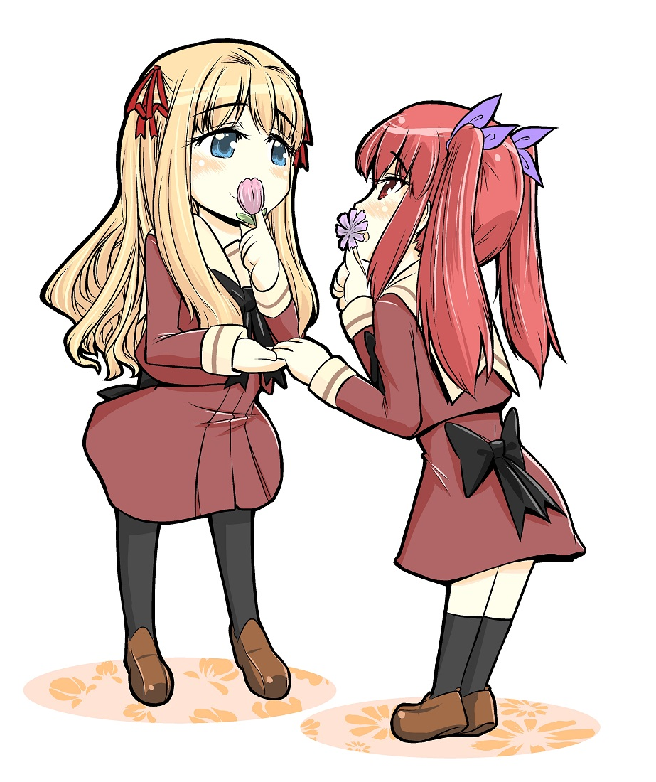 2girls, blonde_hair, blue_eyes, blush, chibi, couple, flower, hair_ribbon