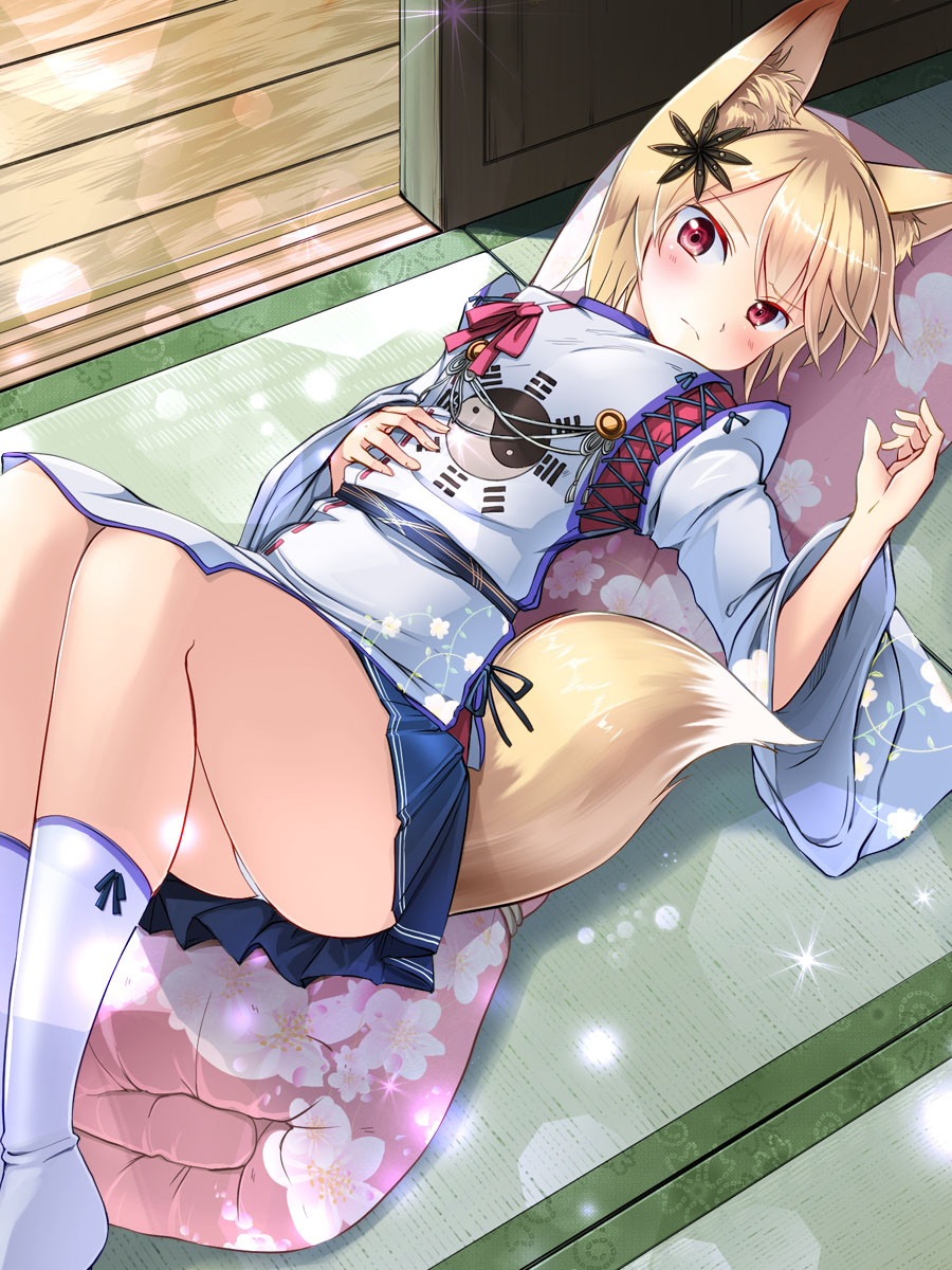 1girl, animal_ears, ass, blue_skirt, blush, fox_ears, fox_girl, fox_tail