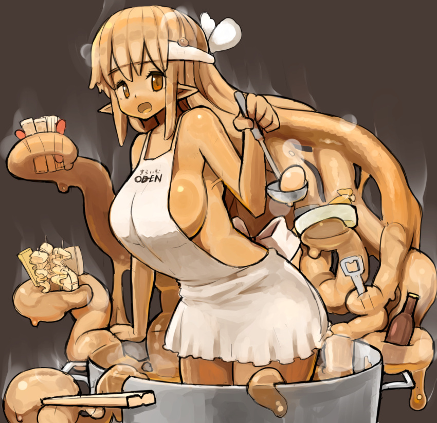 1girl, apron, bottle, bottle_opener, breasts, brown_hair, chopsticks, commentary