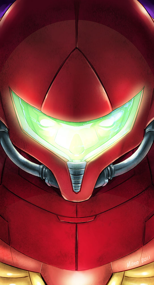 1girl, bust, close-up, glowing, helmet, manos_lagouvardos, metroid, power_suit, samus_aran, solo, varia_suit, visor