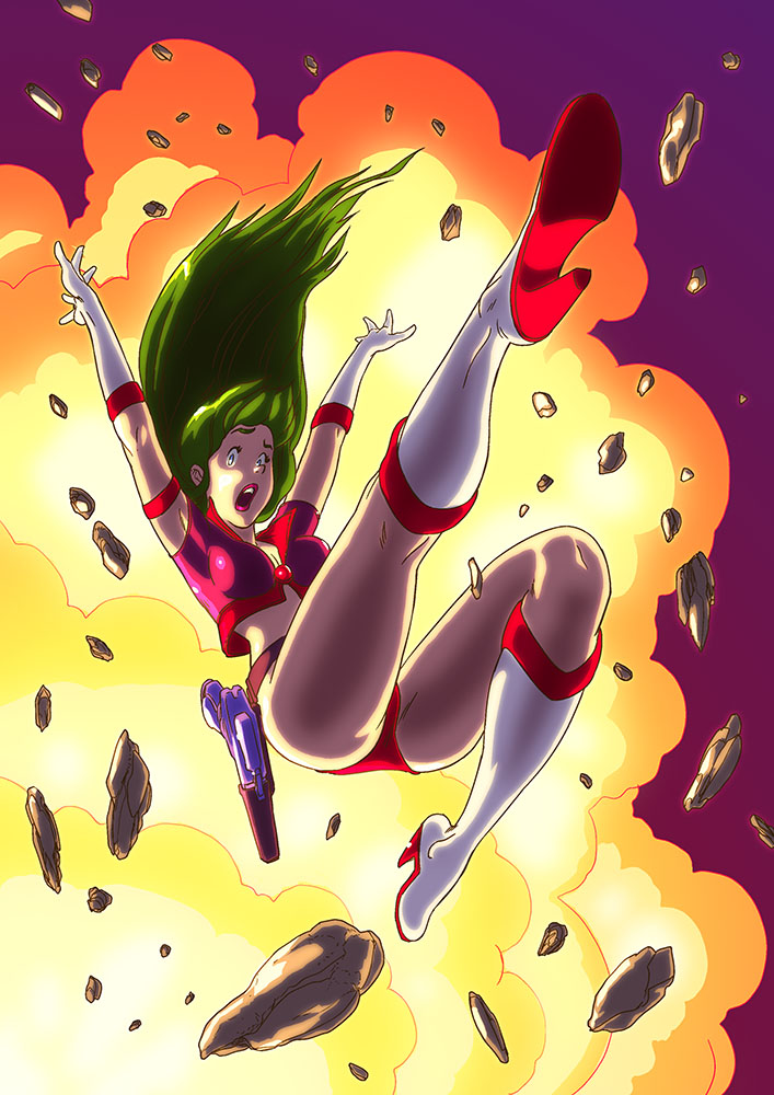 1girl, blue_eyes, boots, breasts, cropped_jacket, explosion, falling, gloves