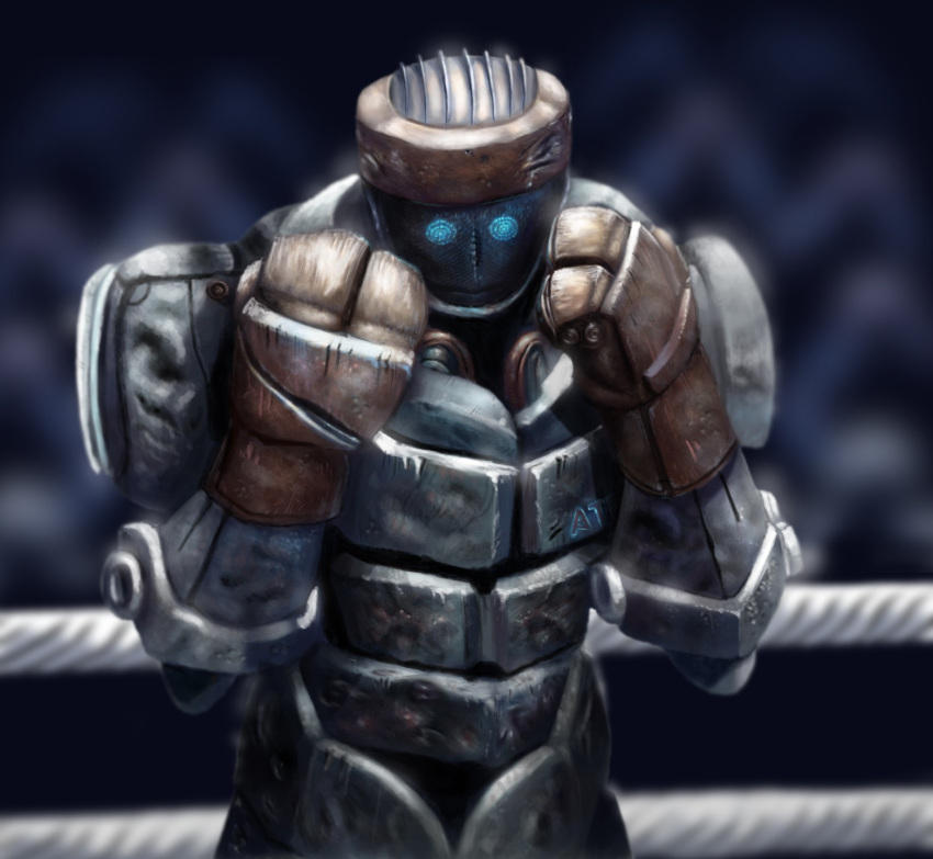 atom_(real_steel), billy_christian, blue_eyes, boxing, boxing_ring, fighting_stance, highres, mecha, real_steel, robot, science_fiction, solo