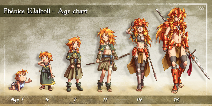 1girl, age_progression, armor, bandage_on_nose, bandages, barefoot, belt, braid