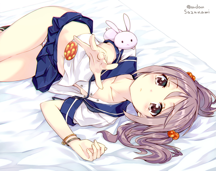 1girl, amagai_tarou, bangs, bed_sheet, blush, bracelet, breasts, brown_eyes