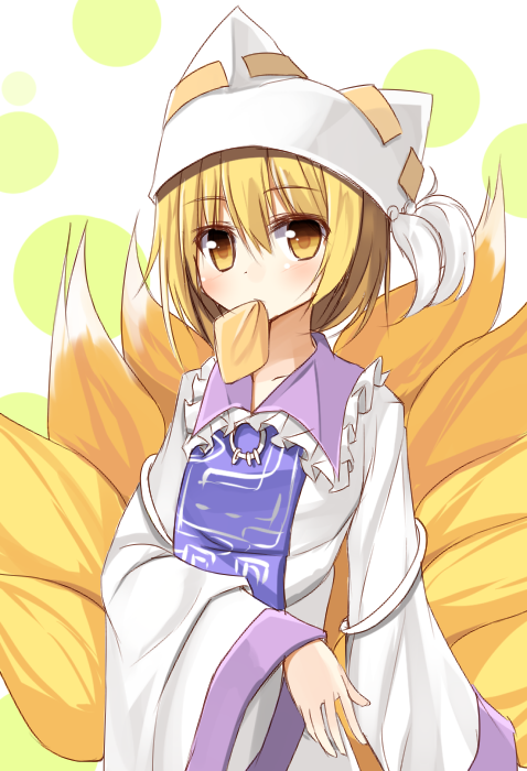 1girl, blonde_hair, fox_tail, hat, inarizushi, looking_at_viewer, mouth_hold, multiple_tails, short_hair, sketch, solo, tail, touhou, wide_sleeves, yakumo_ran, yellow_eyes, yuuhagi_(amaretto-no-natsu)