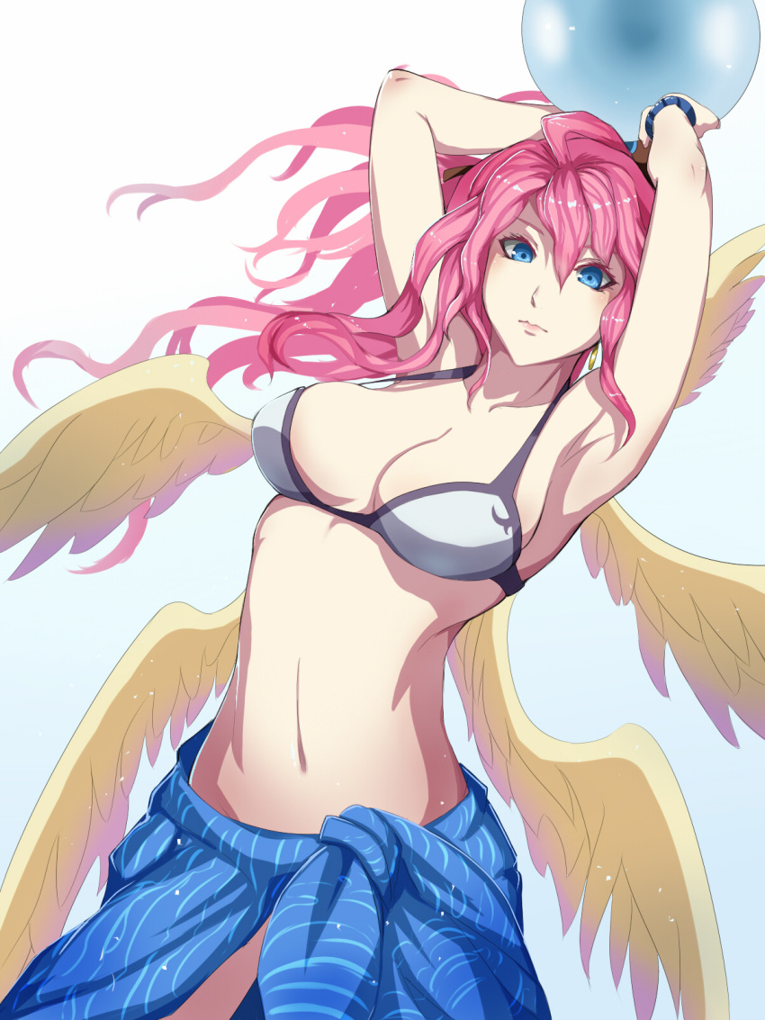 1girl, alternate_costume, archangel_metatron_(p&amp;d), armpits, ball, beachball, bikini_top, blue_eyes