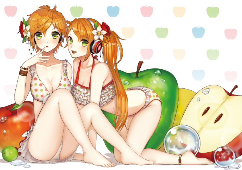 2girls, all_fours, anklet, anon_(vocaloid), apple, bare_shoulders, barefoot, bikini
