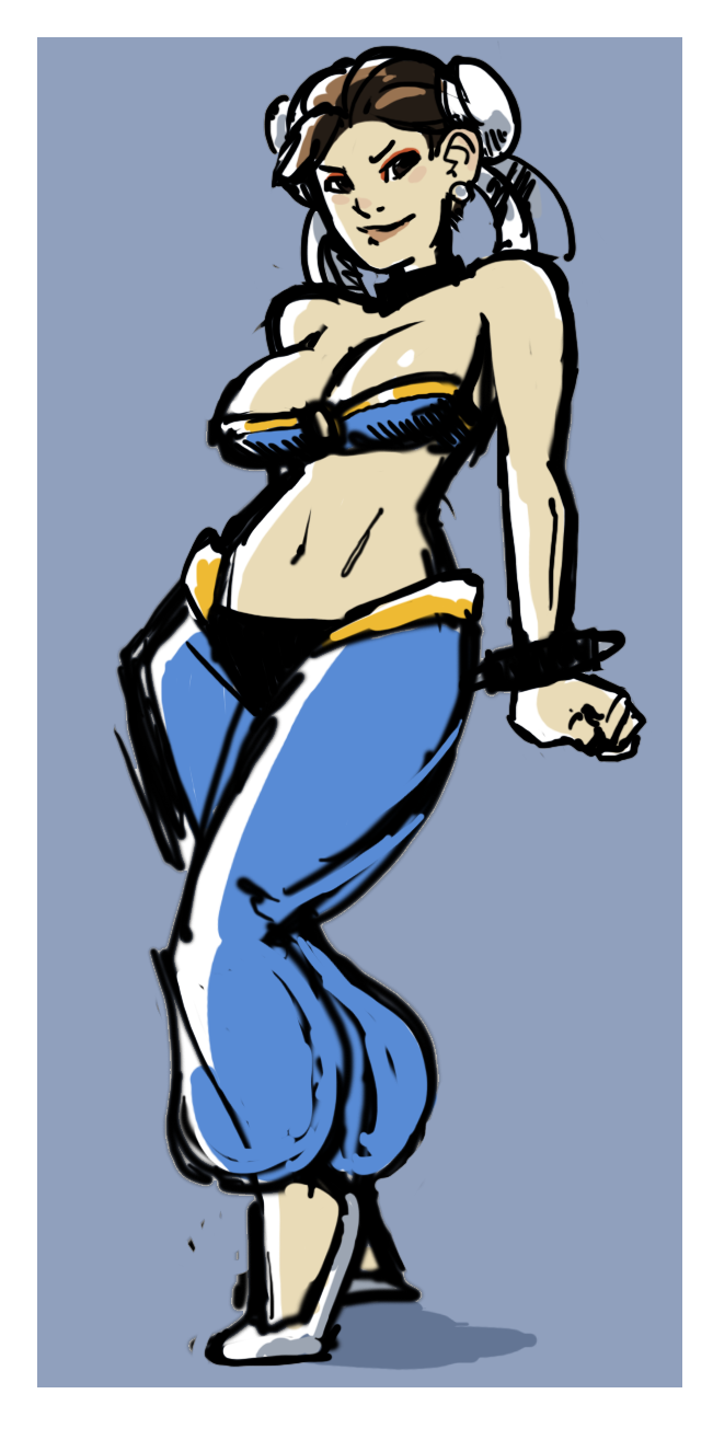 1girl, bandeau, bare_shoulders, bracelet, breasts, brown_hair, bun_cover, choker, chun-li, cleavage, cosplay, double_bun, drawfag, eyeshadow, flats, harem_pants, highres, jewelry, large_breasts, makeup, midriff, navel, pants, shantae, shantae_(character), shantae_(cosplay), smile, solo, spiked_bracelet, spikes, street_fighter, tiptoes
