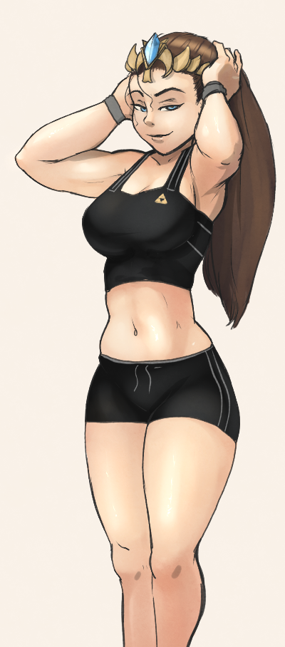 1girl, 34no404, bike_shorts, blue_eyes, breasts, brown_hair, contemporary, forehead_jewel