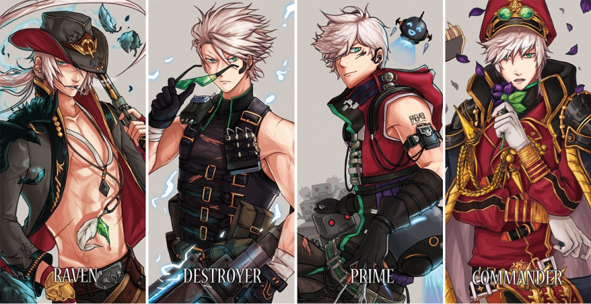 4boys, aiguillette, darkcat_(roby89), dungeon_and_fighter, flower, gloves, green_eyes, grey_background, gun, hat, jacket, jacket_on_shoulders, jewelry, male, military, multiple_boys, necklace, petals, shirtless, sleeveless, sleeveless_shirt, smile, tattoo, weapon, white_hair