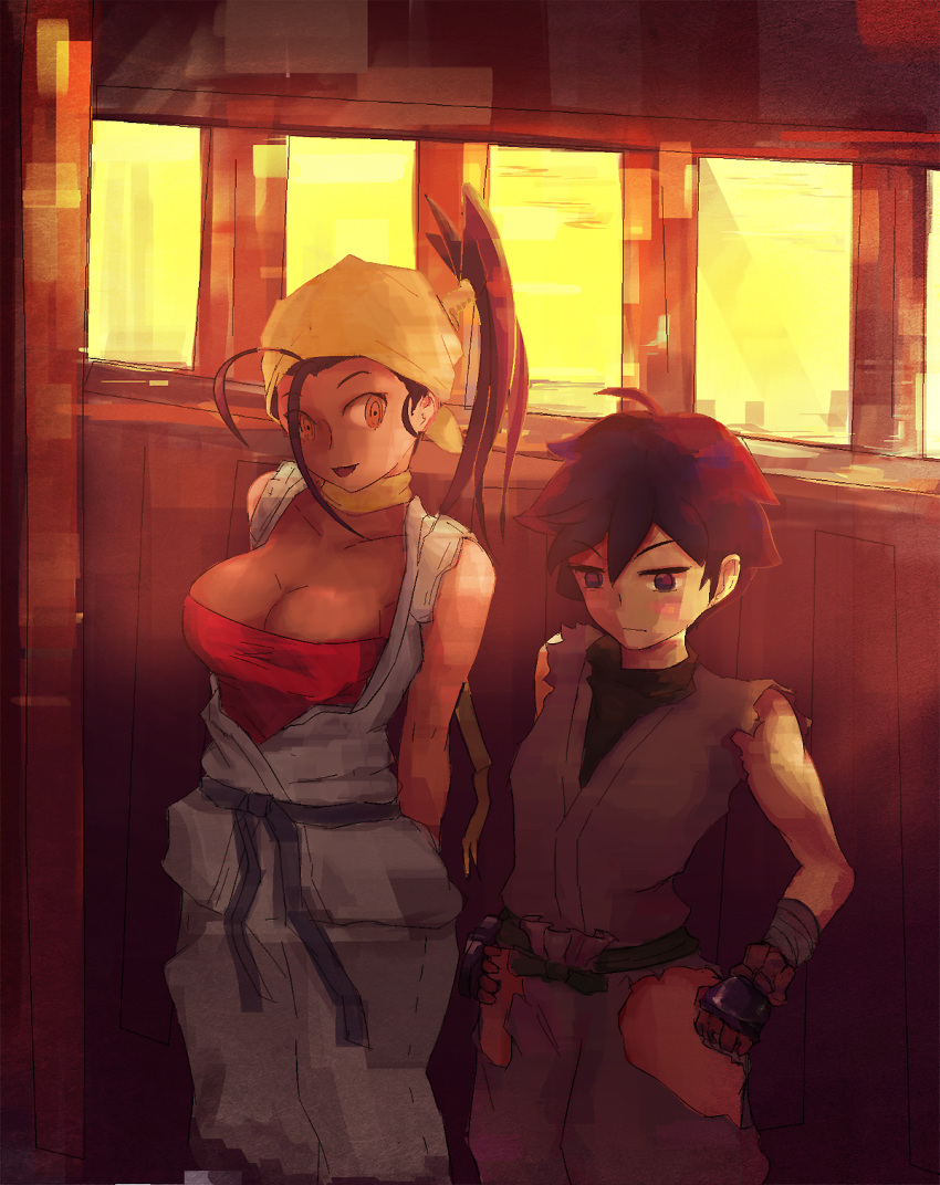2girls, antenna_hair, black_hair, blush_stickers, bra, breast_conscious, breasts, brown_eyes, choker, cleavage, cosplay, costume_switch, dougi, drawfag, highres, ibuki_(cosplay), ibuki_(street_fighter), large_breasts, long_hair, makoto_(cosplay), makoto_(street_fighter), multiple_girls, red_bra, ribbon_choker, short_hair, small_breasts, strapless_bra, street_fighter, street_fighter_iii, underwear
