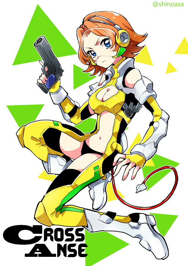 1girl, artist_name, bare_shoulders, black_panties, blue_eyes, bodysuit, boots, breasts, brown_hair, cleavage, cleavage_cutout, cross_ange, fingerless_gloves, gloves, gun, midriff, mole, navel, panties, rosalie_(cross_ange), shinoasa, short_hair, solo, underwear, weapon