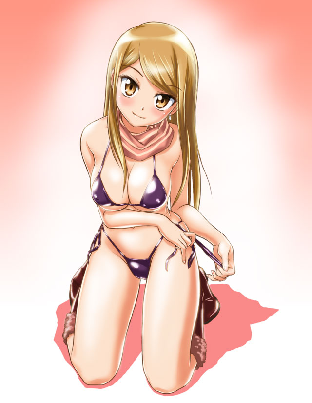 blonde_hair, boots, breasts, brown_eyes, cleavage, hadime, hajime_(caramel_toone), long_hair, onegai_my_melody, scarf, swimsuit, yumeno_kanade