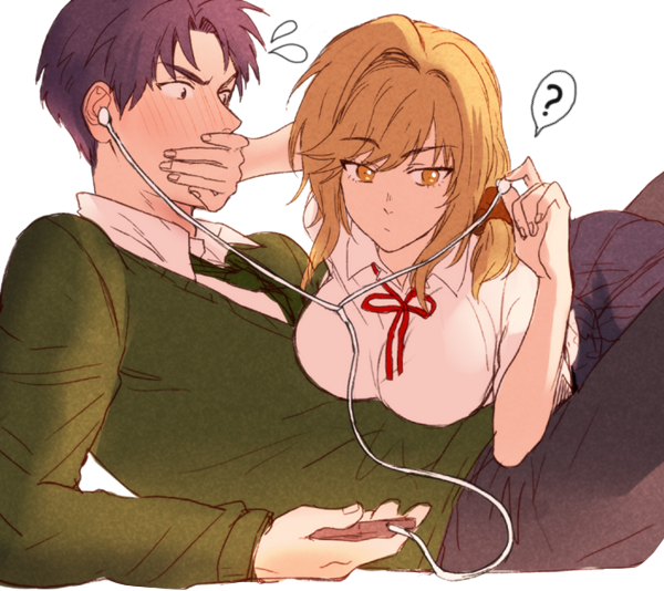 1boy, 1girl, ?, blonde_hair, blue_eyes, blush, covering_mouth, digital_media_player, earphones, flying_sweatdrops, gekkan_shoujo_nozaki-kun, hand_over_another's_mouth, hetero, ipod, kanapy, purple_hair, seo_yuzuki, wakamatsu_hirotaka, yellow_eyes