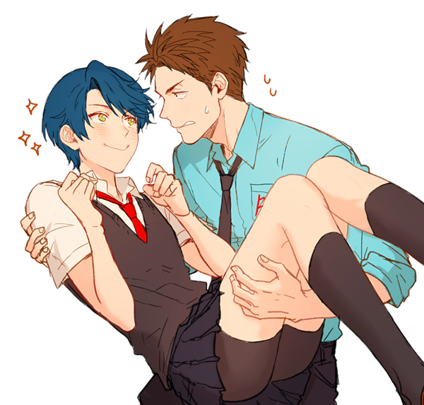 1boy, 1girl, blue_hair, brown_eyes, brown_hair, carrying, gekkan_shoujo_nozaki-kun, green_eyes
