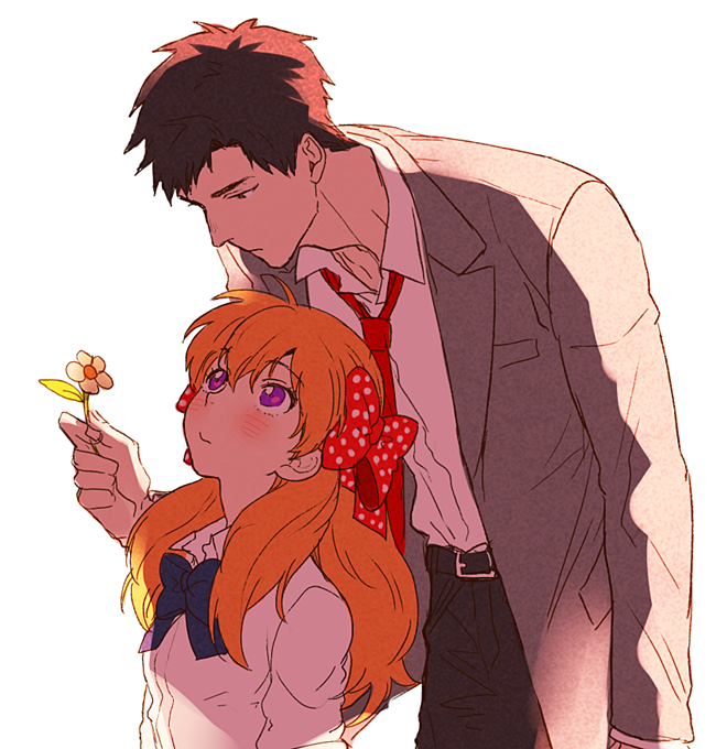 1boy, 1girl, black_hair, bow, brown_eyes, eye_contact, flower, gekkan_shoujo_nozaki-kun