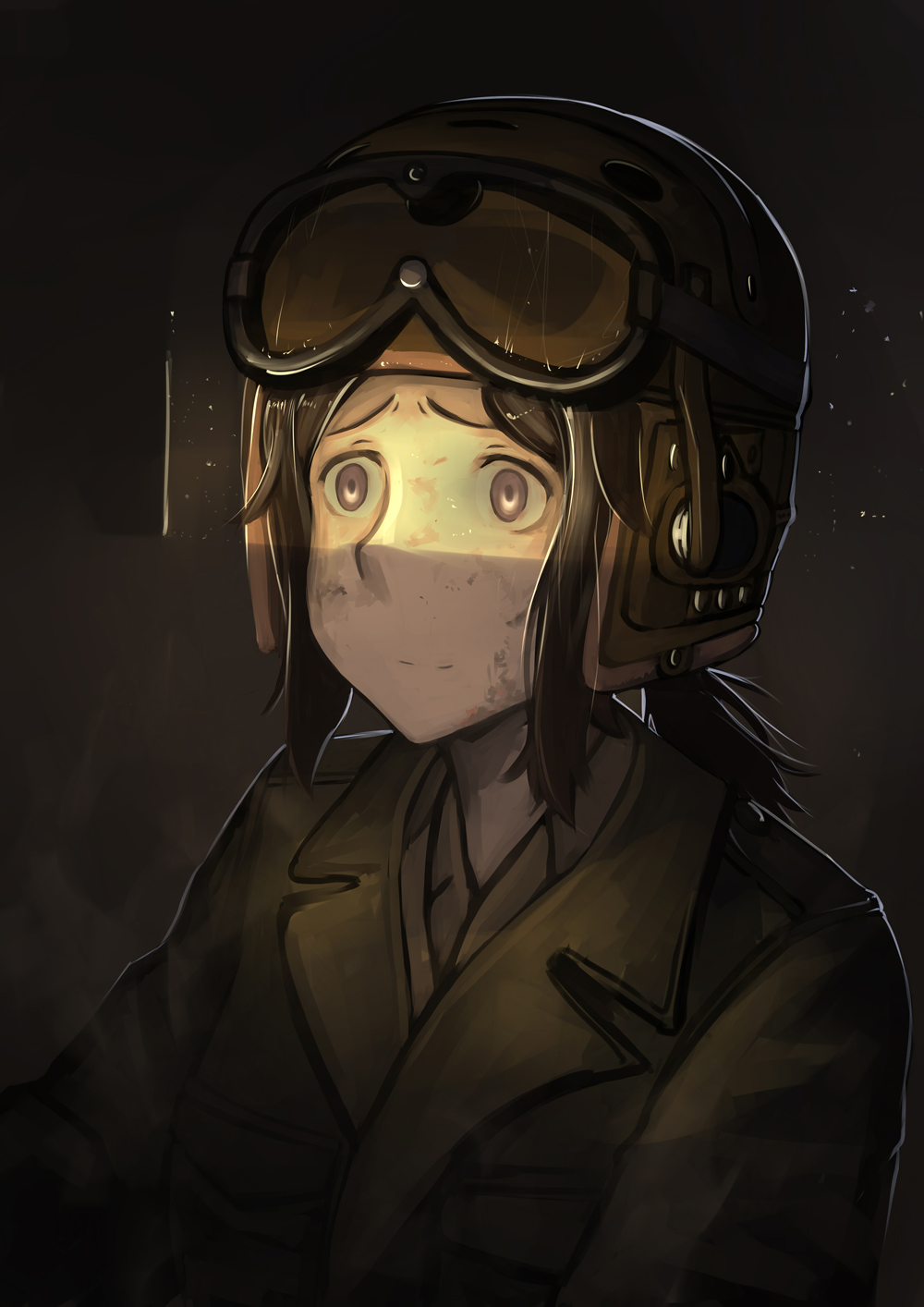 1girl, black_hair, blue_eyes, dirty, dirty_face, erica_(naze1940), goggles, goggles_on_hat