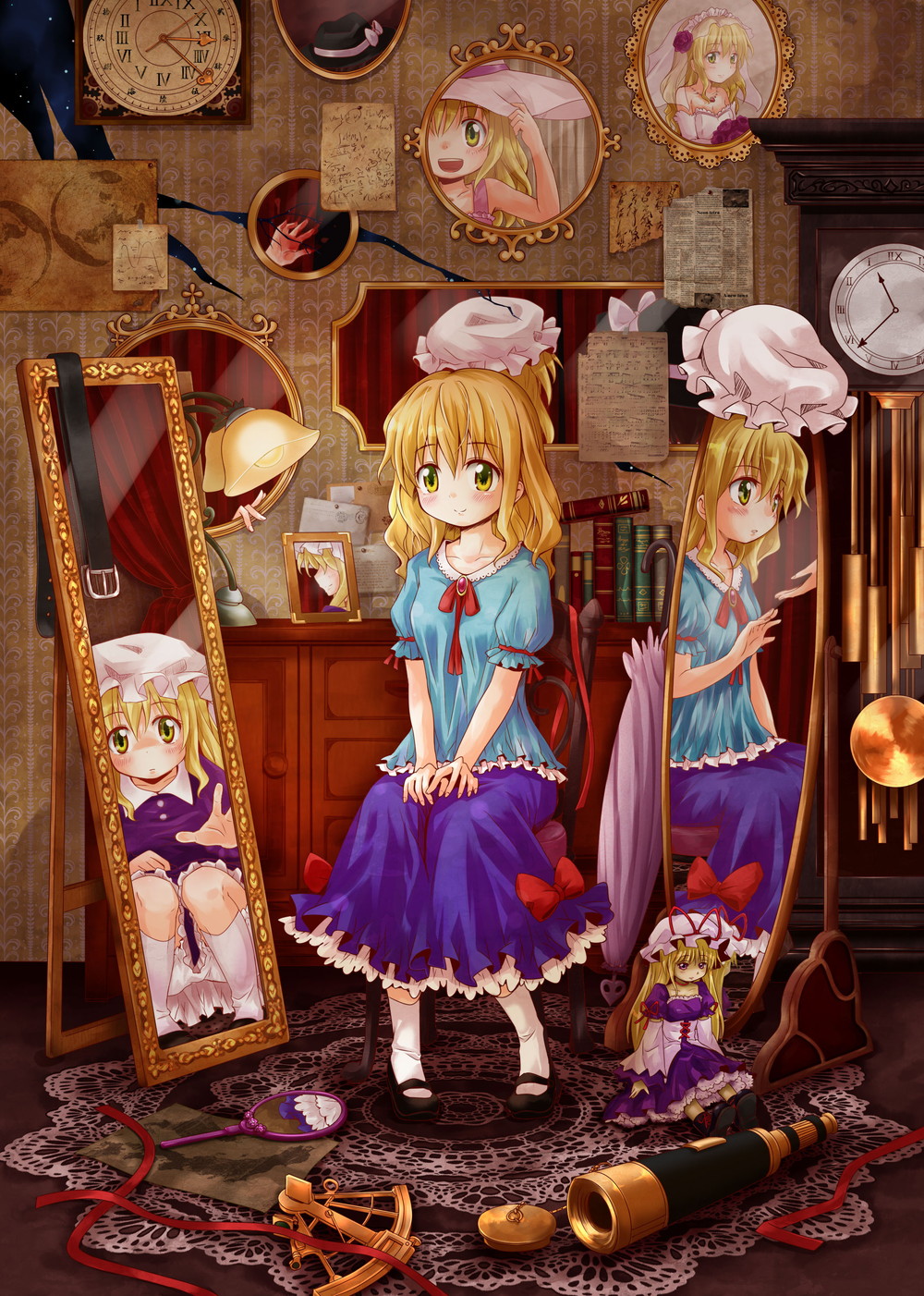 1girl, belt, bizarro, blonde_hair, blood, blush, book, bridal_veil