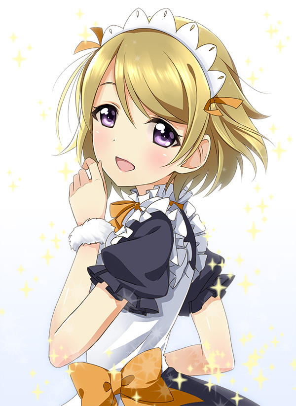1girl, :d, blush, brown_hair, bust, female, french_maid, fur_trim