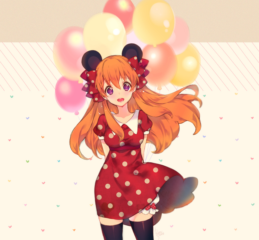 1girl, :d, animal_ears, arms_behind_back, balloon, bittersweet_(dalcoms), black_legwear, bloomers