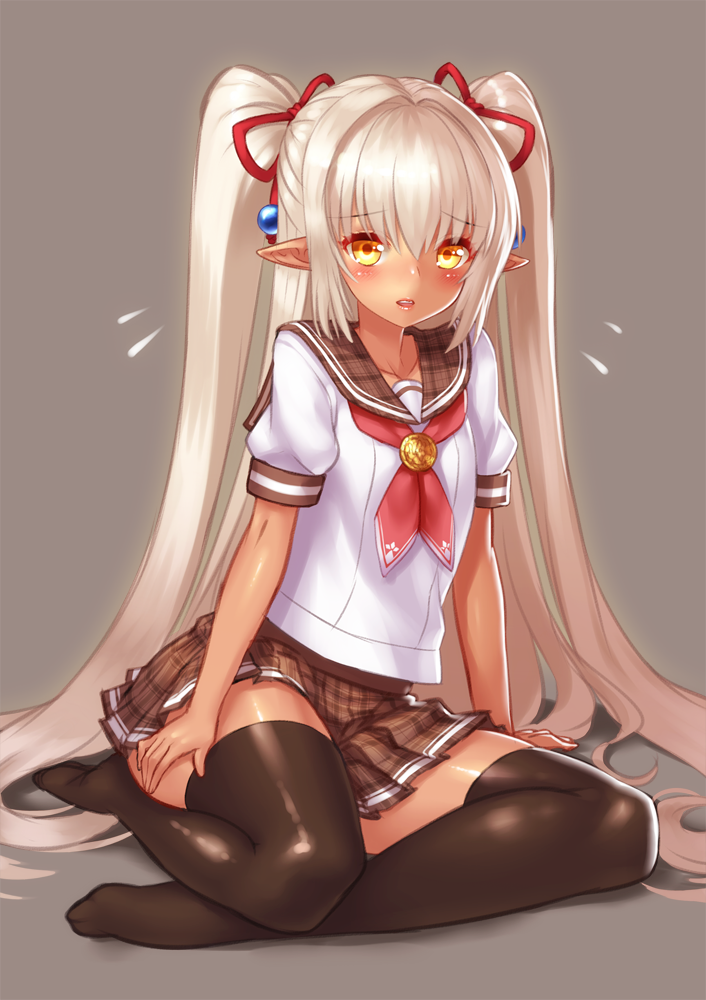 1girl, black_legwear, blush, collarbone, dark_elf, dark_skin, elf, grey_background