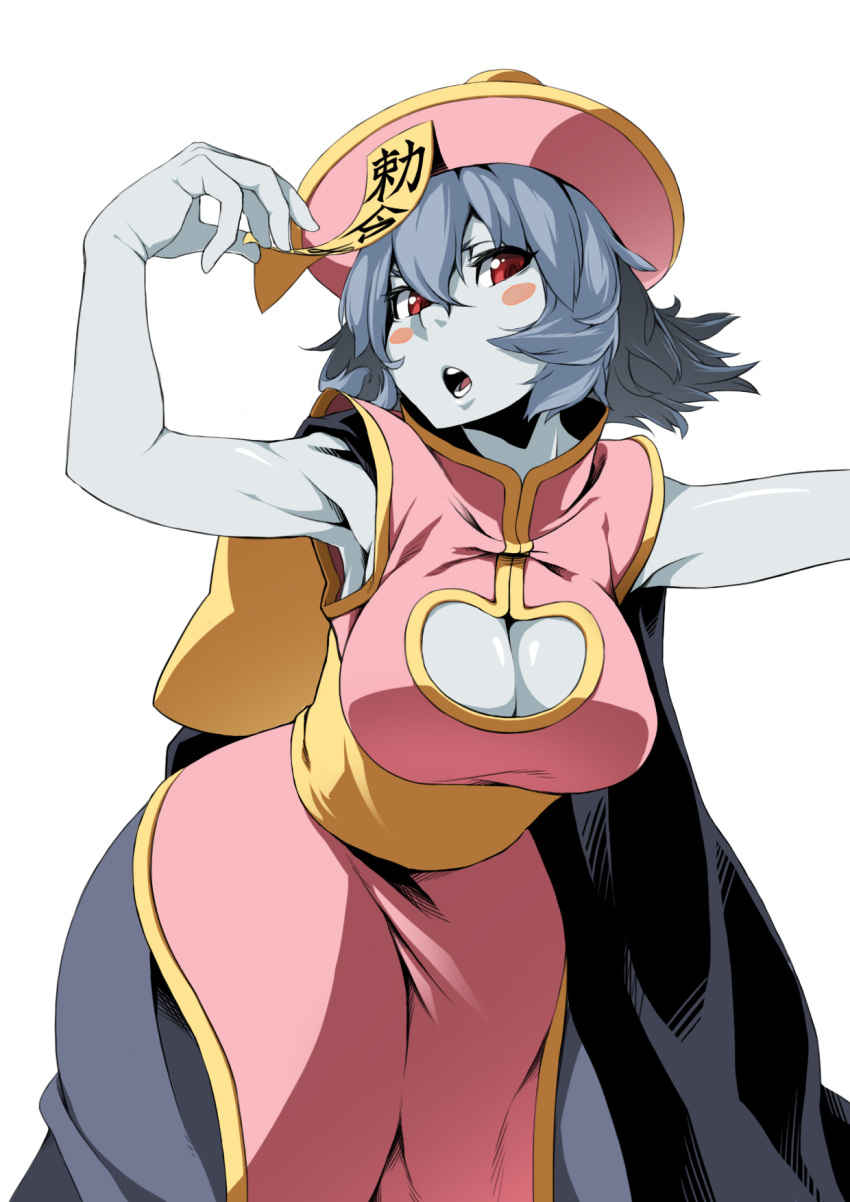 1girl, :d, ^_^, annoyed, blinking, blue_hair, blush, blush_stickers, breasts, bust, chinese_clothes, cleavage, cleavage_cutout, closed_eyes, emofuri, facing_viewer, flipped_hair, frown, grey_skin, hair_between_eyes, hat, head_tilt, highres, jiangshi, large_breasts, lei_lei, looking_at_viewer, ofuda, open_mouth, pout, purple_hair, red_eyes, sash, short_hair, sleeveless, smile, solo, tell, vampire_(game), white_background