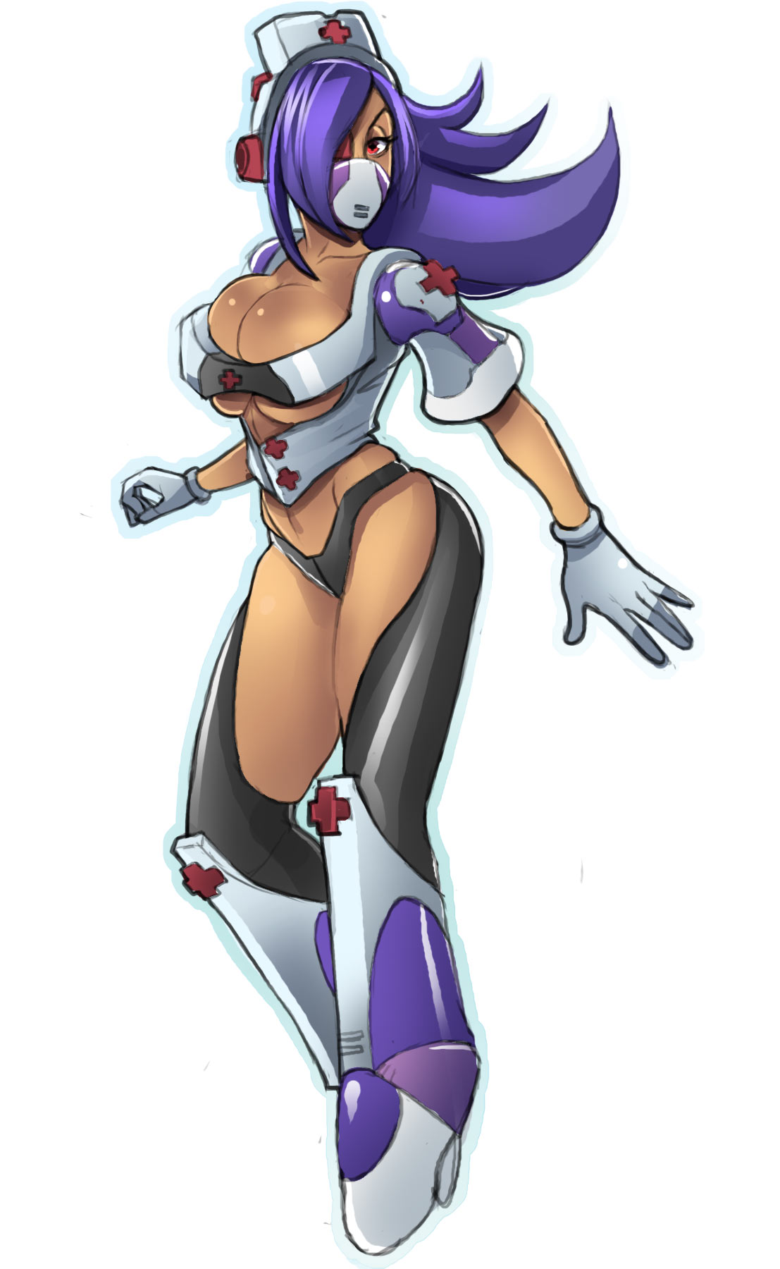+_+, 1girl, blue_hair, boots, breasts, chaps, character_request, cleavage, dark_skin, eyelashes, eyepatch, eyeshadow, fusion, g138, gloves, hair_over_one_eye, hat, hexafusion, highres, knee_boots, large_breasts, layer, layer_(mega_man), long_hair, makeup, mask, mega_man_(series), mega_man_x_(series), nurse_cap, puffy_sleeves, purple_hair, red_cross, red_eyes, rockman, rockman_x, shiny, skullgirls, solo, surgical_mask, under_boob, valentine_(skullgirls), white_background, white_gloves