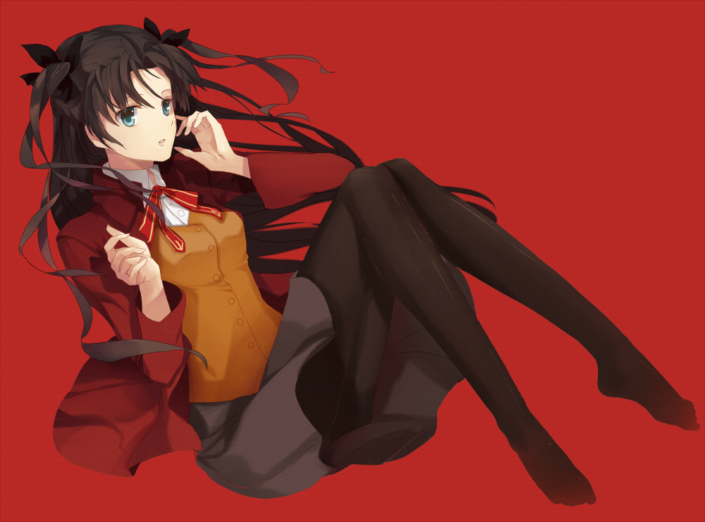 1girl, black_legwear, blue_eyes, brown_hair, fate/stay_night, fate_(series), fengchuilizili, hair_ribbon, jacket, long_hair, no_shoes, pantyhose, red_jacket, ribbon, solo, tohsaka_rin, toosaka_rin, two_side_up
