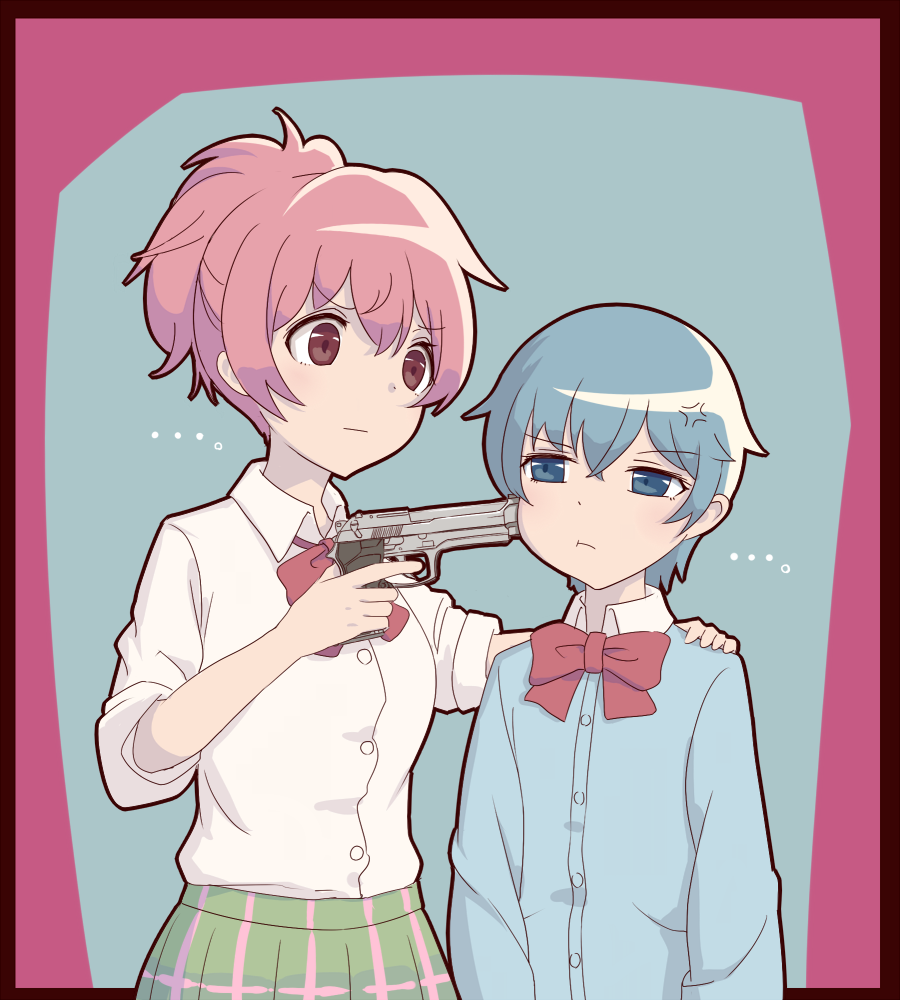 ..., 2girls, anger_vein, blue_eyes, blue_hair, goutokuji_kayo, gun_to_head, hand_on_shoulder