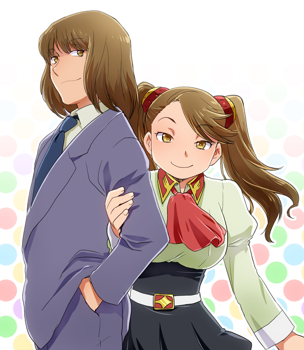 1boy, 1girl, arm_grab, brother_and_sister, brown_eyes, brown_hair, formal, gundam, gundam_build_fighters, gundam_build_fighters_try, hair_ornament, hands_in_pockets, long_hair, looking_at_viewer, necktie, polka_dot, polka_dot_background, sazaki_kaoruko, sazaki_susumu, school_uniform, siblings, smile, smirk, suit, ten_(kisako), twintails