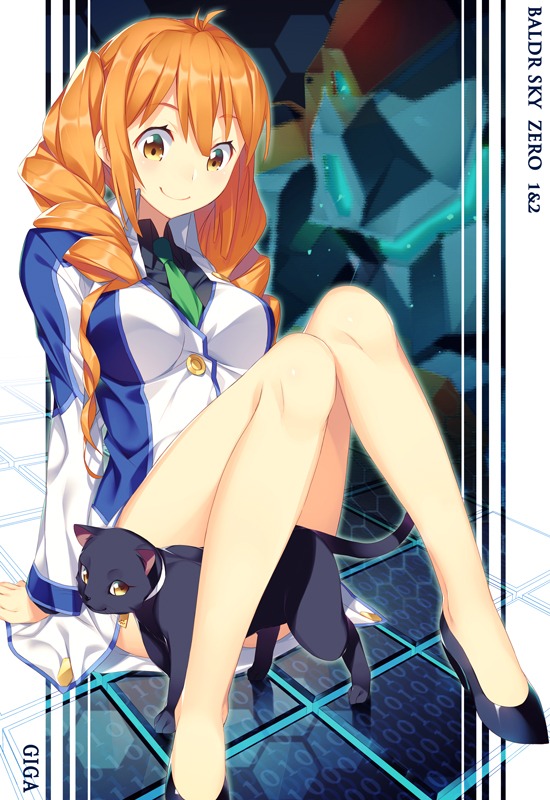 1girl, arm_support, baldr_sky_zero, bare_shoulders, black_cat, breasts, cat, copyright_name, drill_hair, high_heels, itsuwa_(lethal-kemomimi), long_hair, marel, necktie, orange_hair, sitting, smile, solo, twin_drills, uniform, yellow_eyes