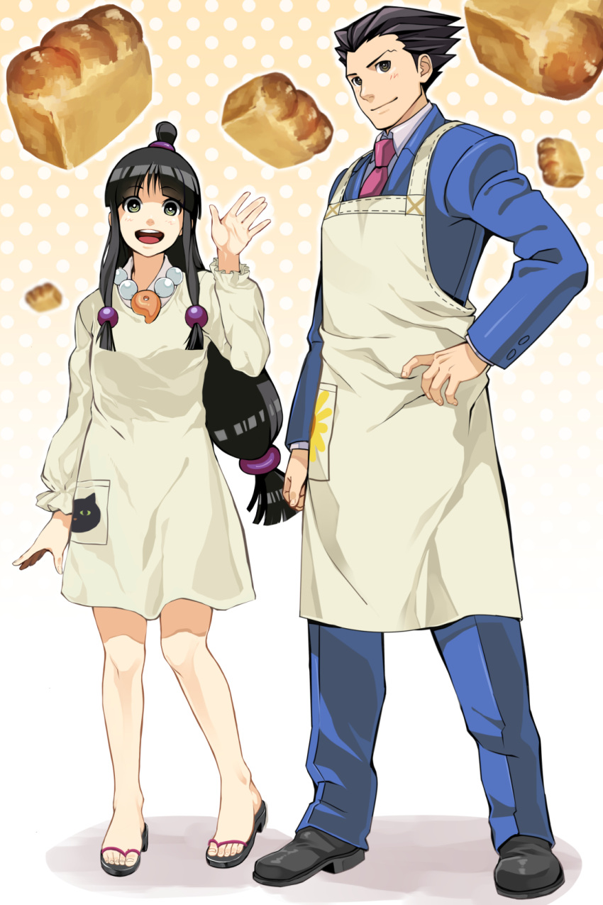 1boy, 1girl, :d, apron, ayasato_mayoi, black_eyes, black_hair, bread