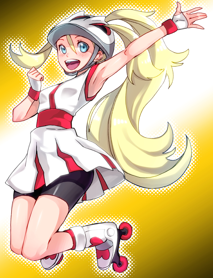 1girl, :d, armpits, bicycle_helmet, bike_shorts, blonde_hair, blue_eyes, bu-kunn, helmet, koruni_(pokemon), long_hair, open_mouth, pokemon, pokemon_(game), pokemon_xy, ponytail, roller_skates, skates, smile, solo