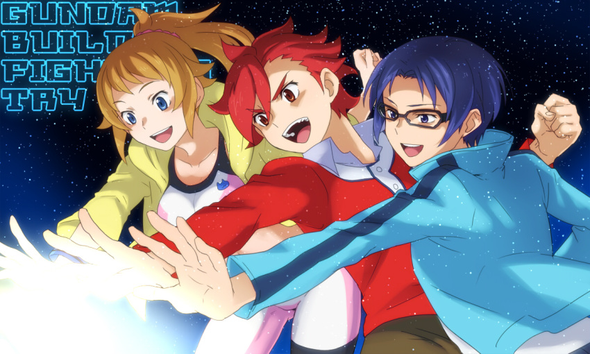1girl, 2boys, :d, @@@, bike_shorts, blue_eyes, blue_hair, brown_hair