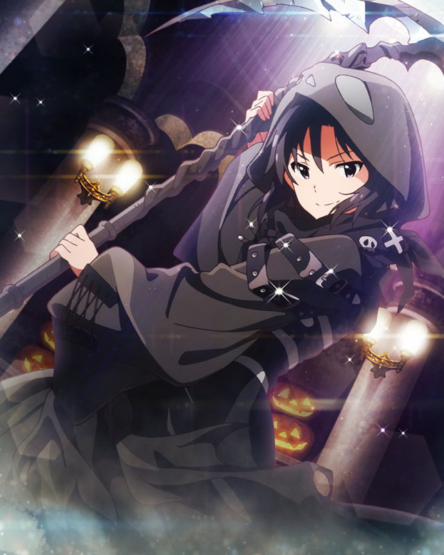 black_hair, blue_eyes, hoodie, idolmaster, idolmater_million_live!, kikuchi_makoto, reaper, scythe