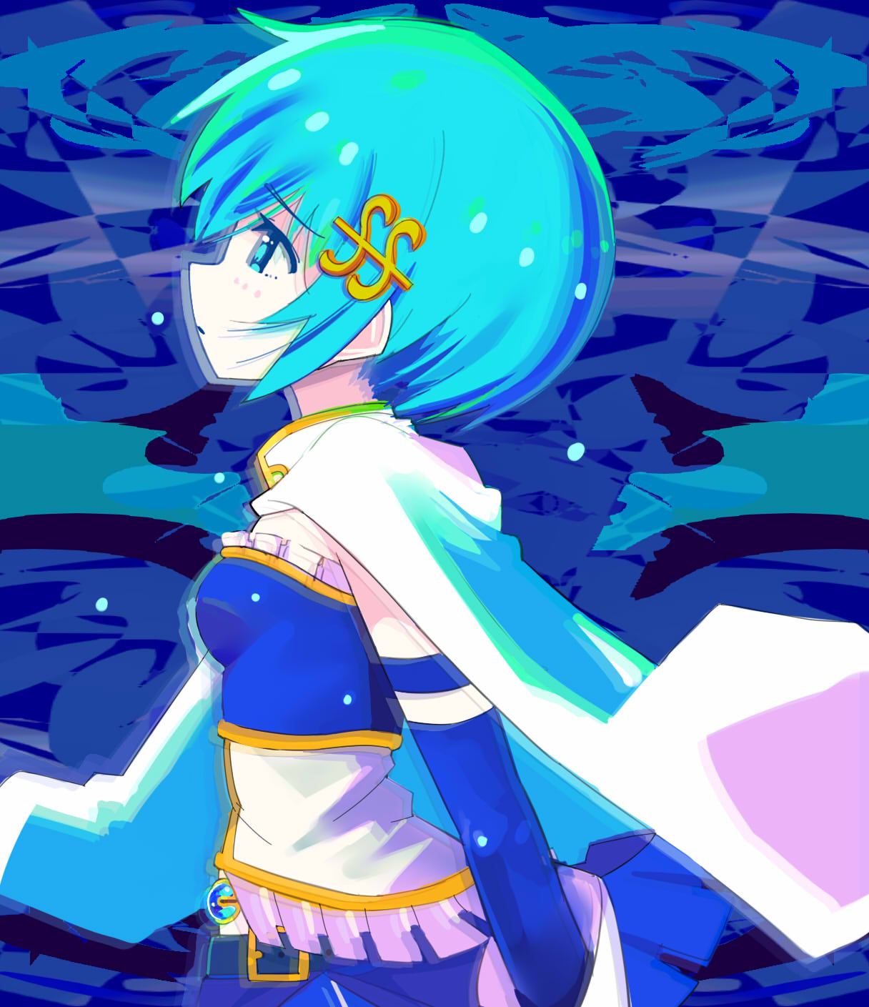 1girl, armband, belt, blue_eyes, blue_hair, cape, gloves, hair_ornament, hairclip, highres, magical_girl, mahou_shoujo_madoka_magica, mahou_shoujo_madoka_magica_movie, miki_sayaka, nitorino, profile, short_hair, solo, soul_gem