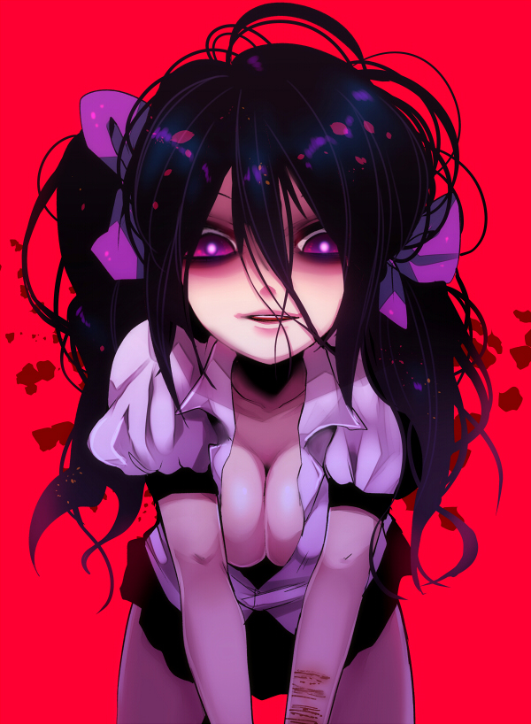 1girl, breasts, cleavage, fua_yuu, himekaidou_hatate, long_hair, messy_hair, purple_hair