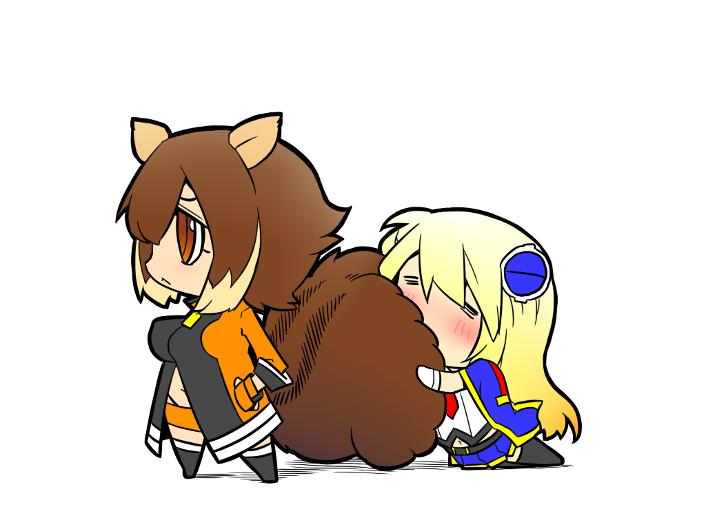 2girls, animal_ears, blazblue, blonde_hair, blush, breasts, brown_eyes, brown_hair