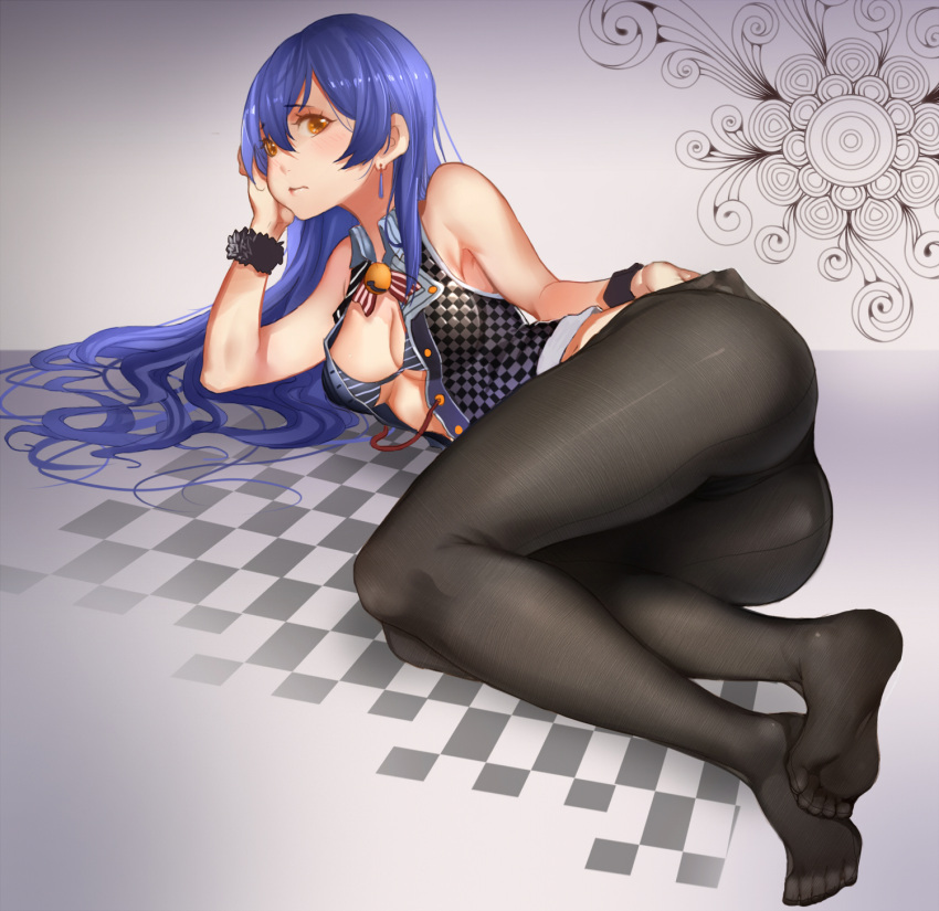 1girl, arm_support, ass, blue_hair, bra, breasts, cleavage, earrings