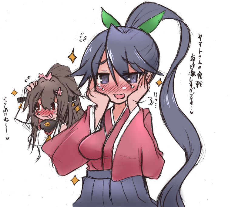 2girls, blush, brown_hair, comic, hair_ornament, houshou_(kantai_collection), japanese_clothes, kantai_collection