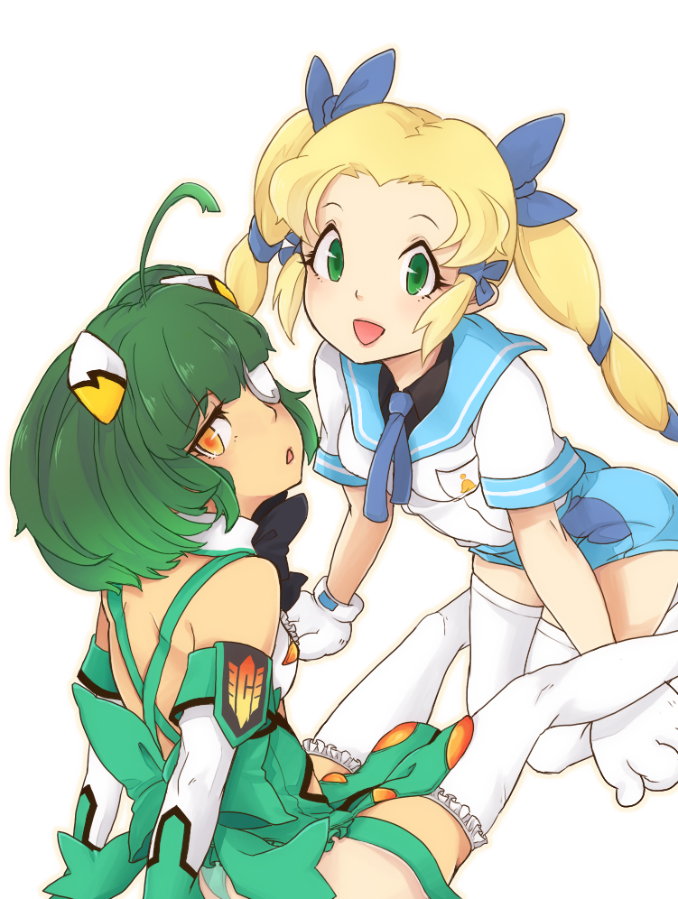 2girls, blonde_hair, eyepatch, green_eyes, green_hair, madoka_(otomedius), multiple_girls, orange_eyes
