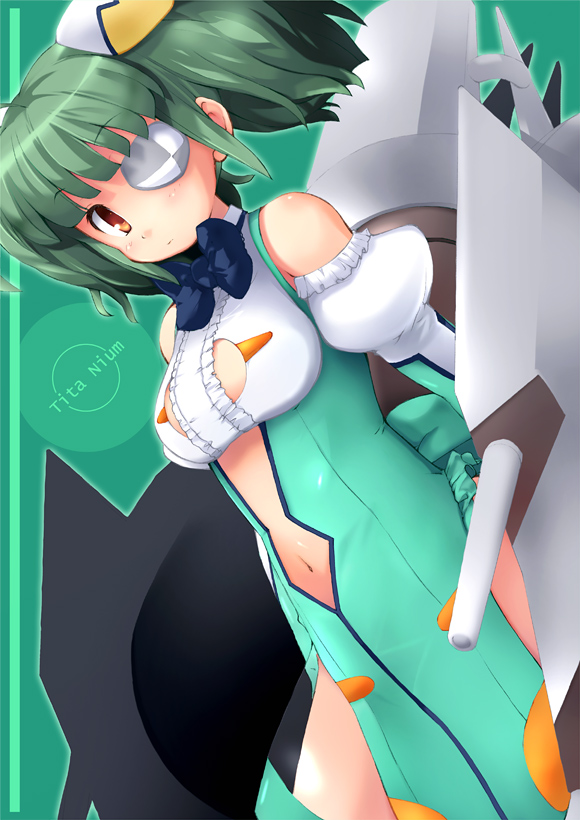 ahoge, eyepatch, green_hair, orange_eyes, otomedius, ozaki_(ko-zaki), short_hair, tita_nium