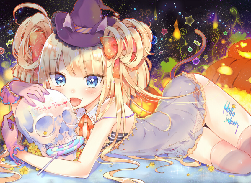 1girl, :d, animal_ears, ass, blonde_hair, blue_eyes, bow, candy